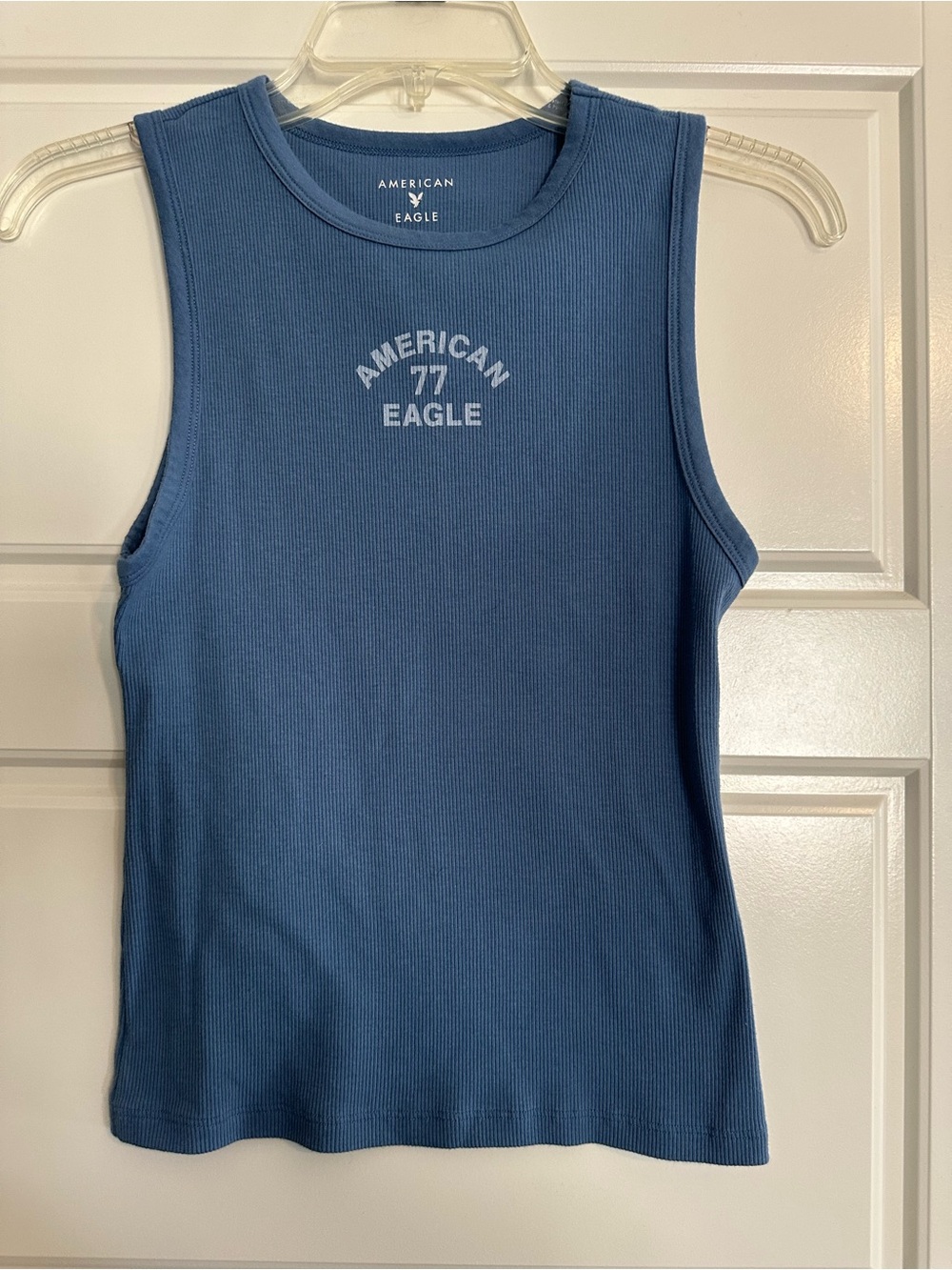 American Eagle Outfitters Blue Ribbed Tank with 'American 77 Eagle' Print